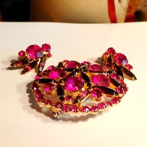 Vintage Brooch and earrings set with red and purple crystals